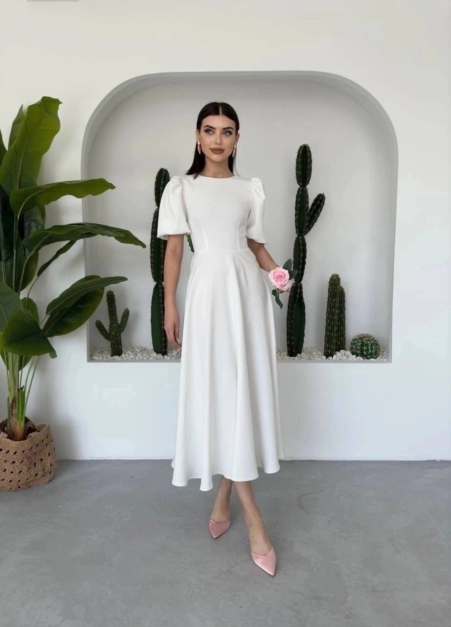 платье женское,платье миди,платье женское белое,платье вечернее женское белое,платье принцессы миди с круглым вырезом и рукавами-фонариками