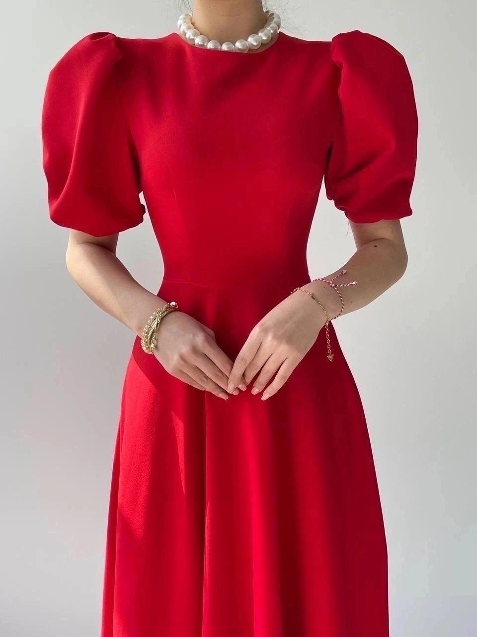платье миди,платье миди с рукавами-фонариками,платье,платье красное,женское платье