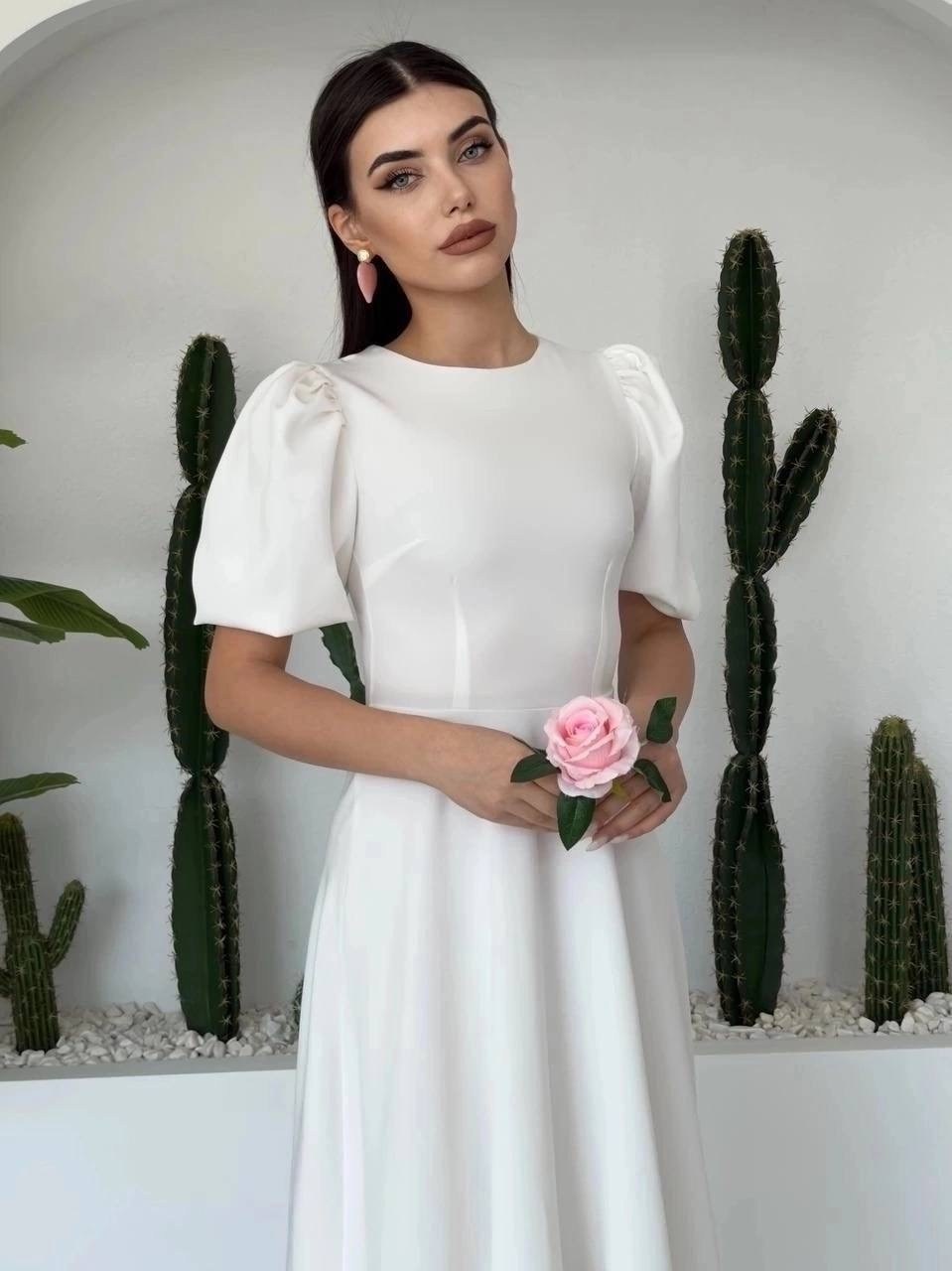 платье женское,платье миди,платье женское белое,платье вечернее женское белое,платье принцессы миди с круглым вырезом и рукавами-фонариками