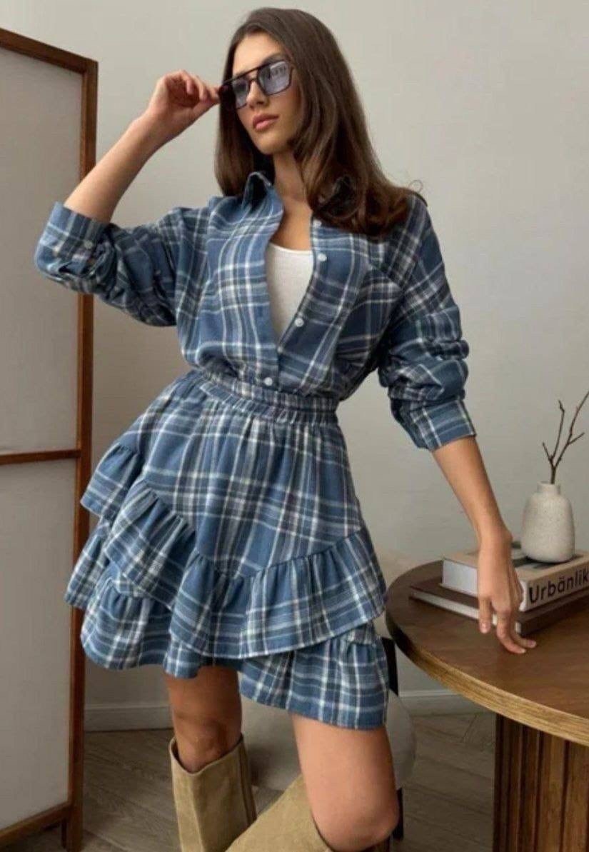 платье двоек в клетку в комплекте с повязной юбкой,костюм с юбкой и рубашкой,костюм с юбкой и рубашкой в клетку vi&so 332044247,костюм двойка с юбкой и рубашкой в клетку btf brand,костюм с короткой юб
