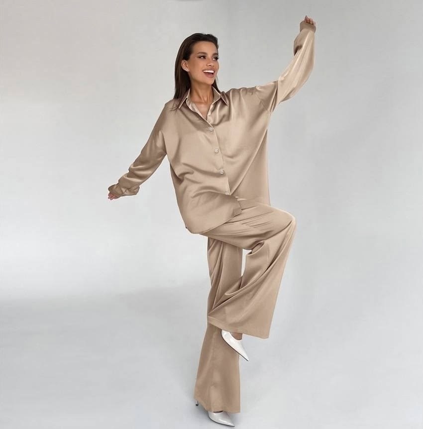 шелковый костюм,пижама для женщин,бежевый брючный костюм женский,атласный костюм,атласный брючный костюм