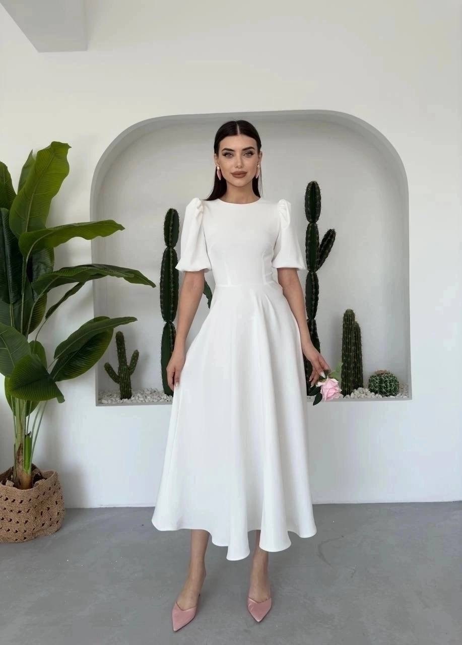 платье женское,платье миди,платье женское белое,платье вечернее женское белое,платье принцессы миди с круглым вырезом и рукавами-фонариками