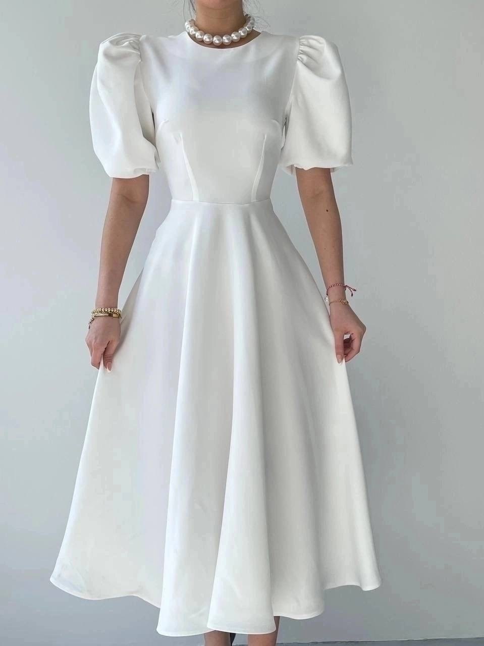 платье женское,платье миди,платье женское белое,платье вечернее женское белое,платье принцессы миди с круглым вырезом и рукавами-фонариками