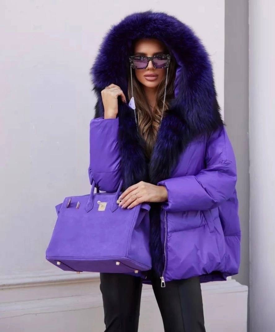 пуховик женский мех фиолетовый пух,куртка - пуховик с мехом чернобурки city furs цвет фиолетовый,пуховик зимний женский,пуховик фиолетовый оверсайз с чернобуркой,пуховик женский мех натуральный