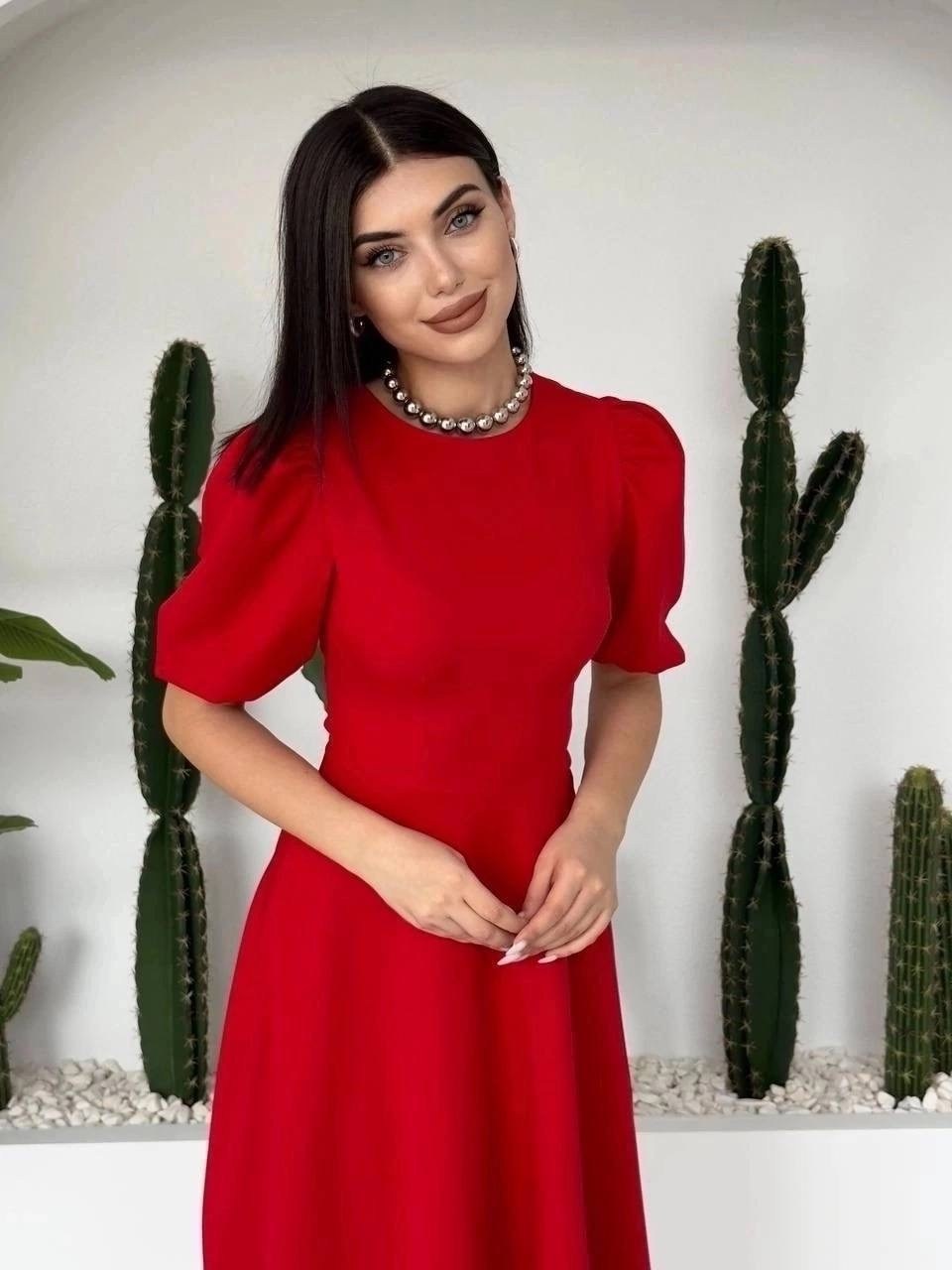 платье миди,платье миди с рукавами-фонариками,платье,платье красное,женское платье