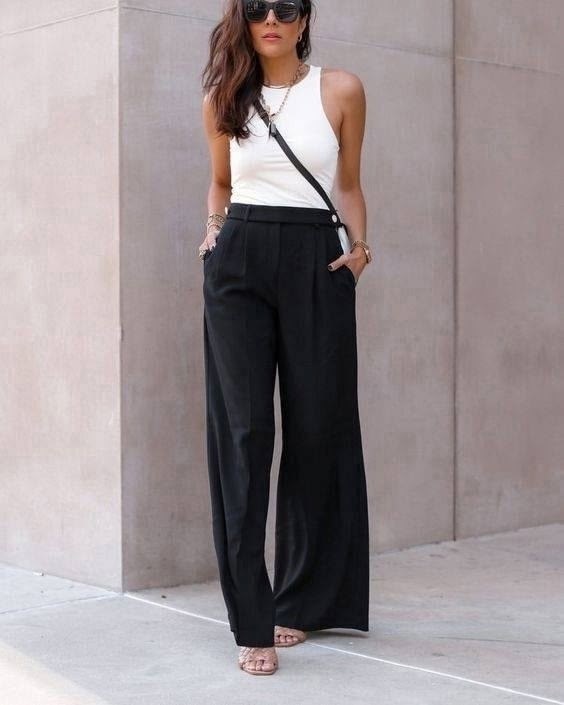 black high-waisted wide leg pants for summer,casual outfit,wide leg trousers outfit,модные образы,модные наряды