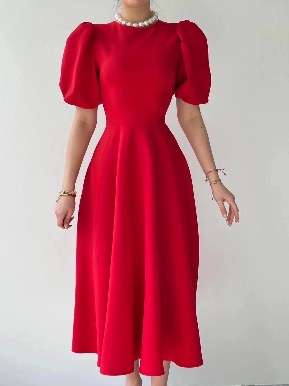 платье миди,платье миди с рукавами-фонариками,платье,платье красное,женское платье