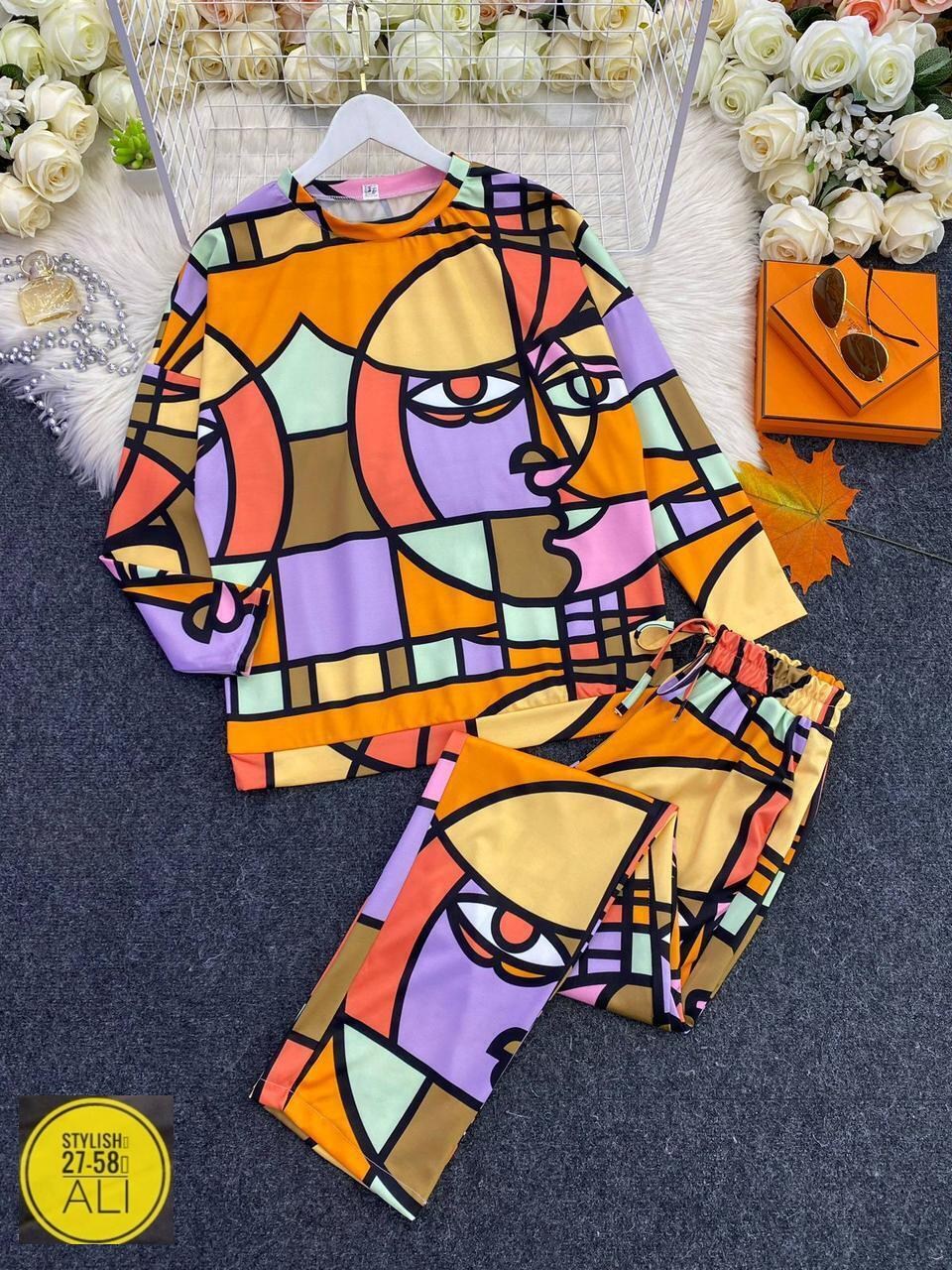 костюм женский,женский спортивный костюм из двух предметов,костюм с принтом,костюм с рисунком,женский повседневный костюм из двух предметов