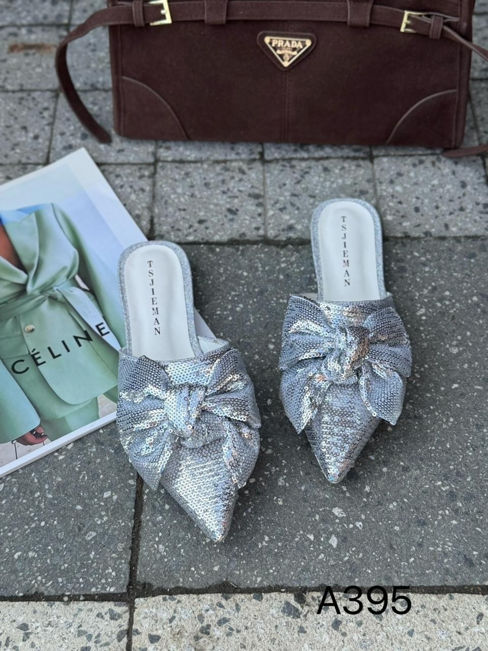 тапочки модные,туфли блестящие серебряные с бантом,,женские тапочки,женские шлепанцы