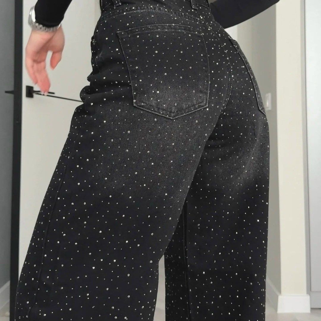джинсы со стразами,женские джинсы со стразами,джинсы широкие трубы со стразами,джинсы с камнями и стразами,джинсы прямые со стразами черные le o 222675248