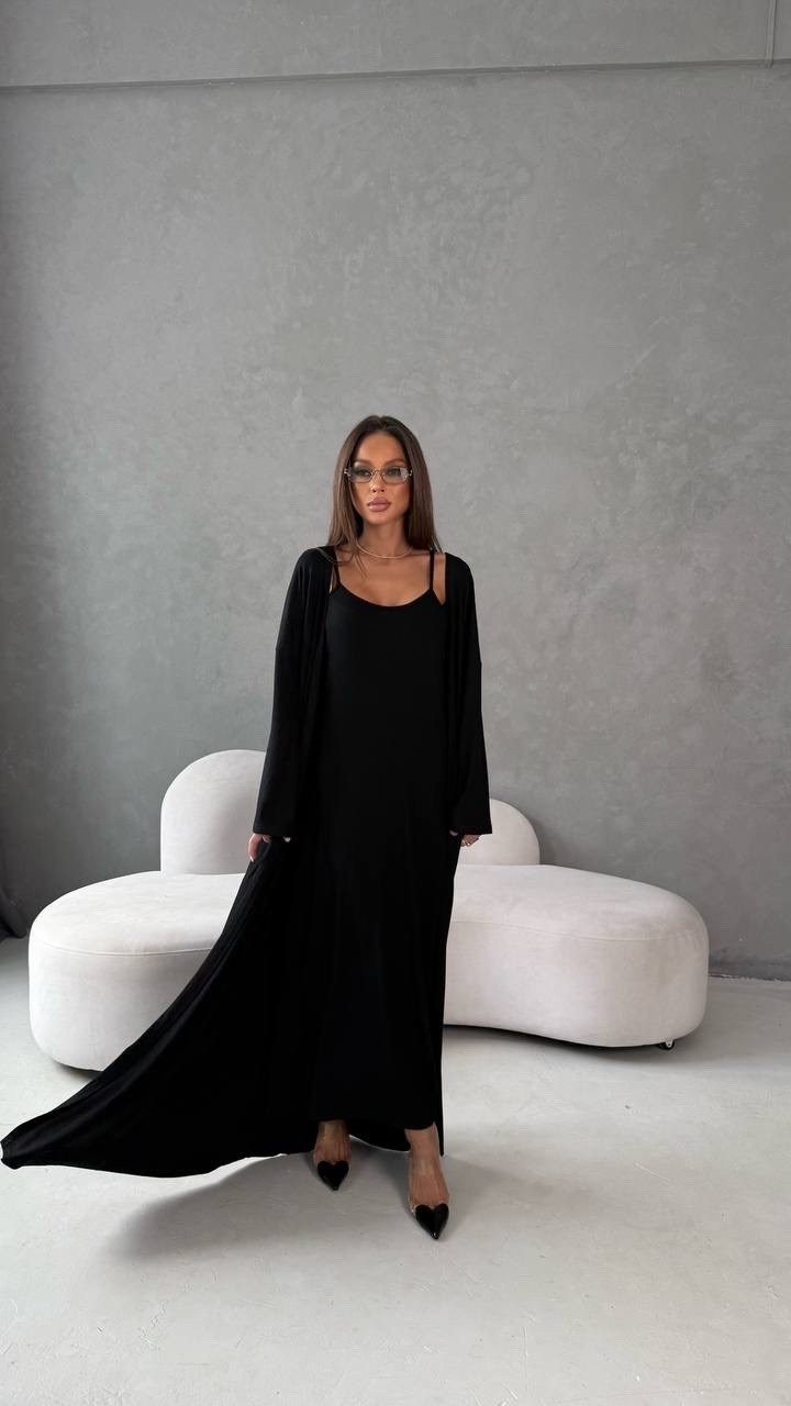 комплект платье и кардиган длинный оверсайз,платье с кардиганом (двойка) молочный,удлиненный кардиган,комплект платье с кардиганом,мусульманская платья