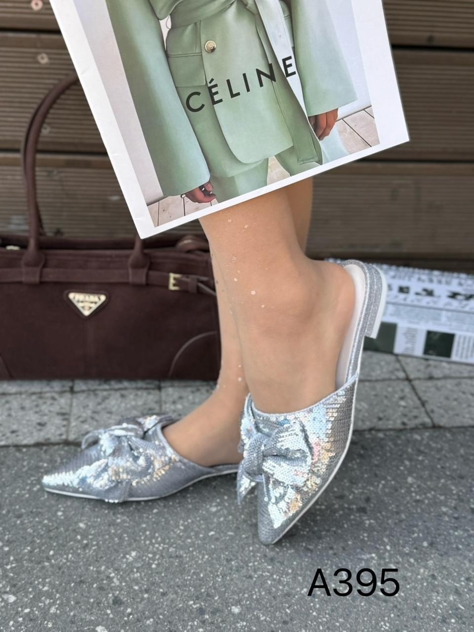 тапочки модные,туфли блестящие серебряные с бантом,,женские тапочки,женские шлепанцы