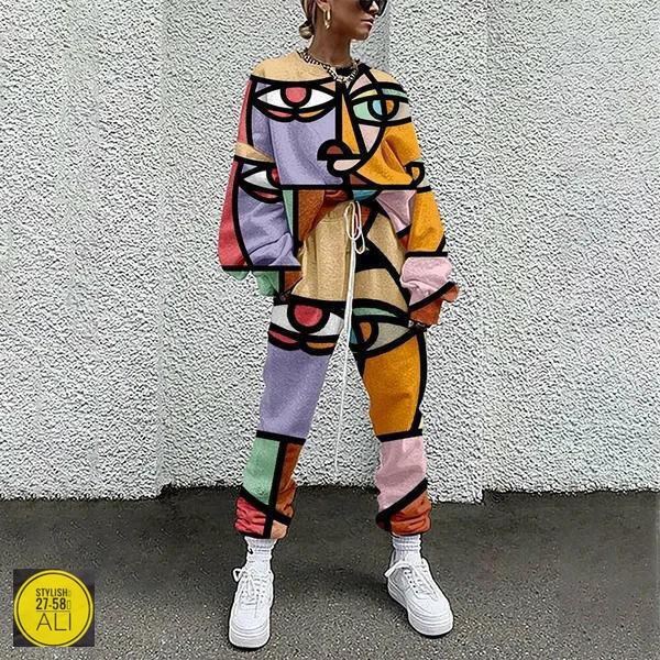 костюм женский,женский спортивный костюм из двух предметов,костюм с принтом,костюм с рисунком,женский повседневный костюм из двух предметов