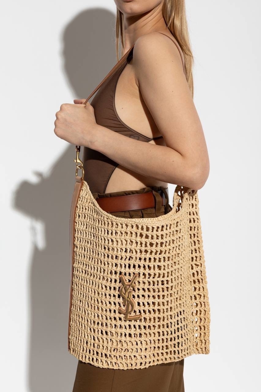женская бежевая пляжная сумка saint laurent raffia,плетеная сумка,вязаная сумка,пляжная сумка,сумки