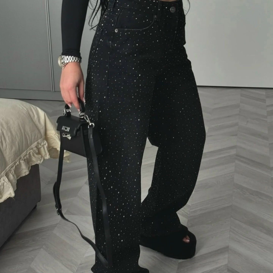 джинсы со стразами,женские джинсы со стразами,джинсы широкие трубы со стразами,джинсы с камнями и стразами,джинсы прямые со стразами черные le o 222675248