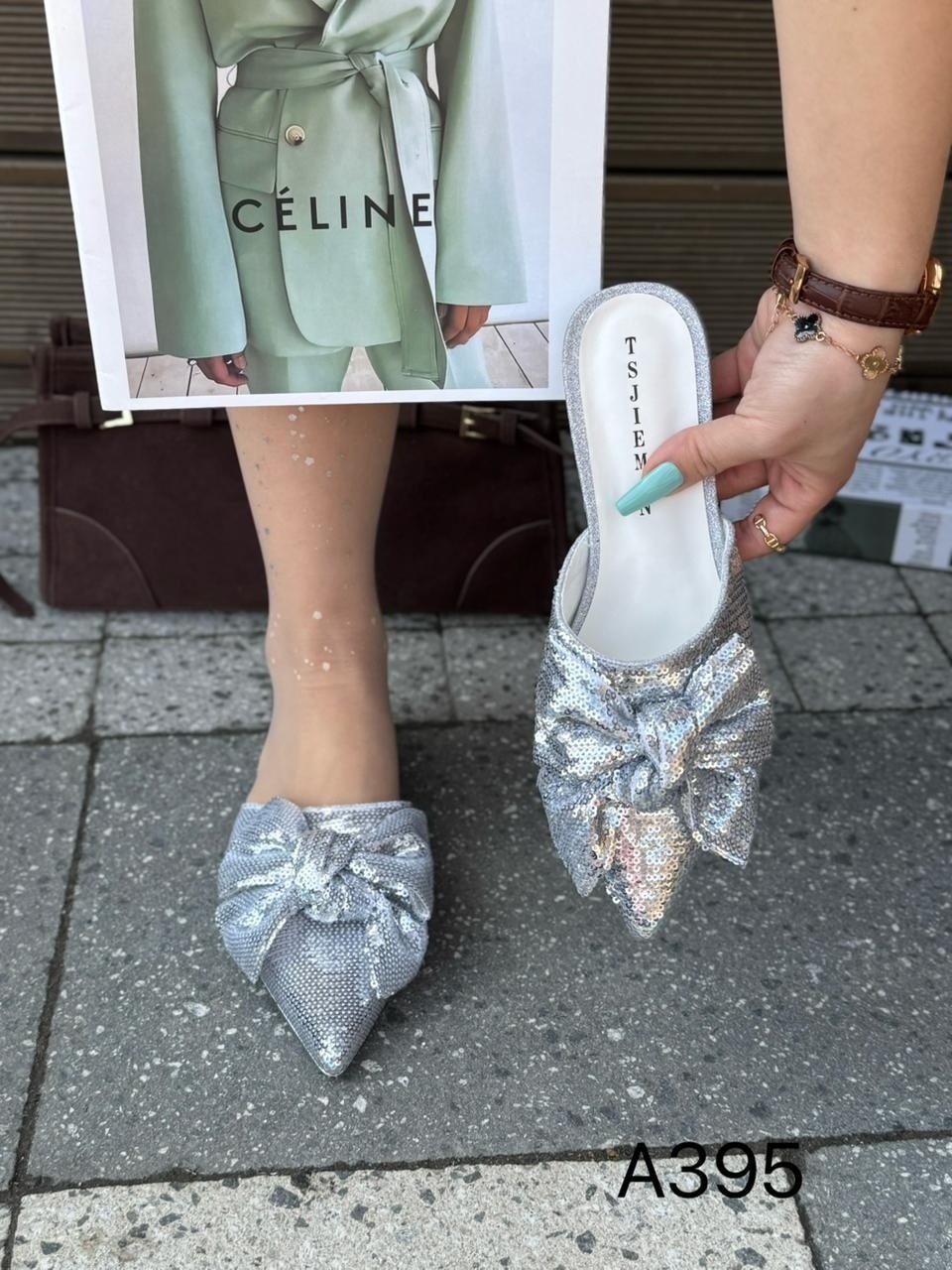 тапочки модные,туфли блестящие серебряные с бантом,,женские тапочки,женские шлепанцы