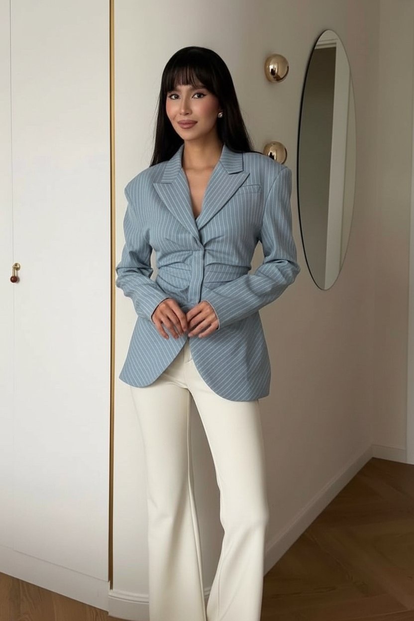 серый брючный костюм,брючный костюм,костюм с юбкой макси и пиджаком в полоску деловой much love,пиджак,пиджак в полоску