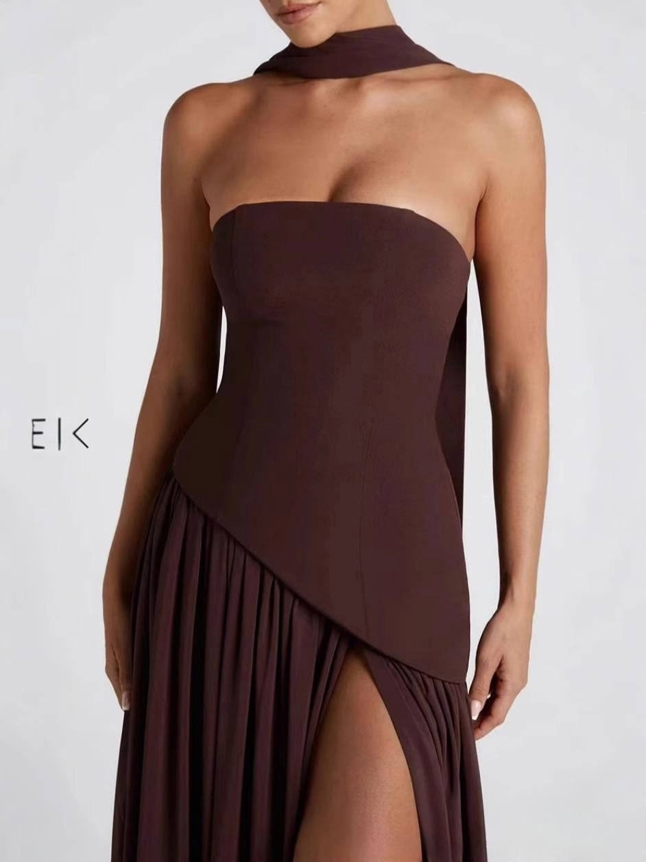 платье с высоким разрезом,elegant strapless bodycon high slit scarf party club evening dress,элегантное длинное платье,длинное платье с разрезом,длинное платье