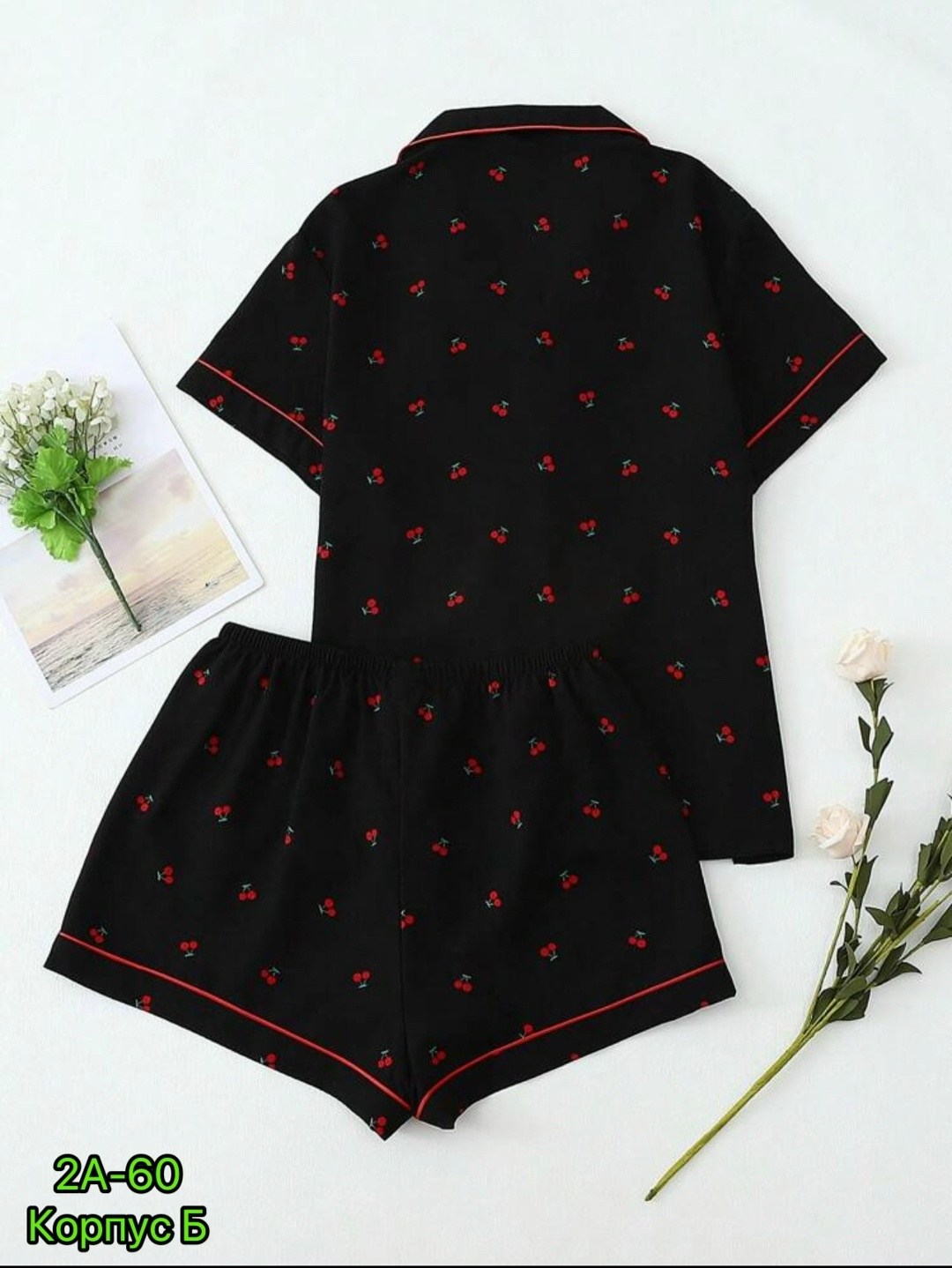 комплект пижама,женские пижамные комплекты,женская пижама,комплект женских пижам вишневый принт,комплект женской пижамы