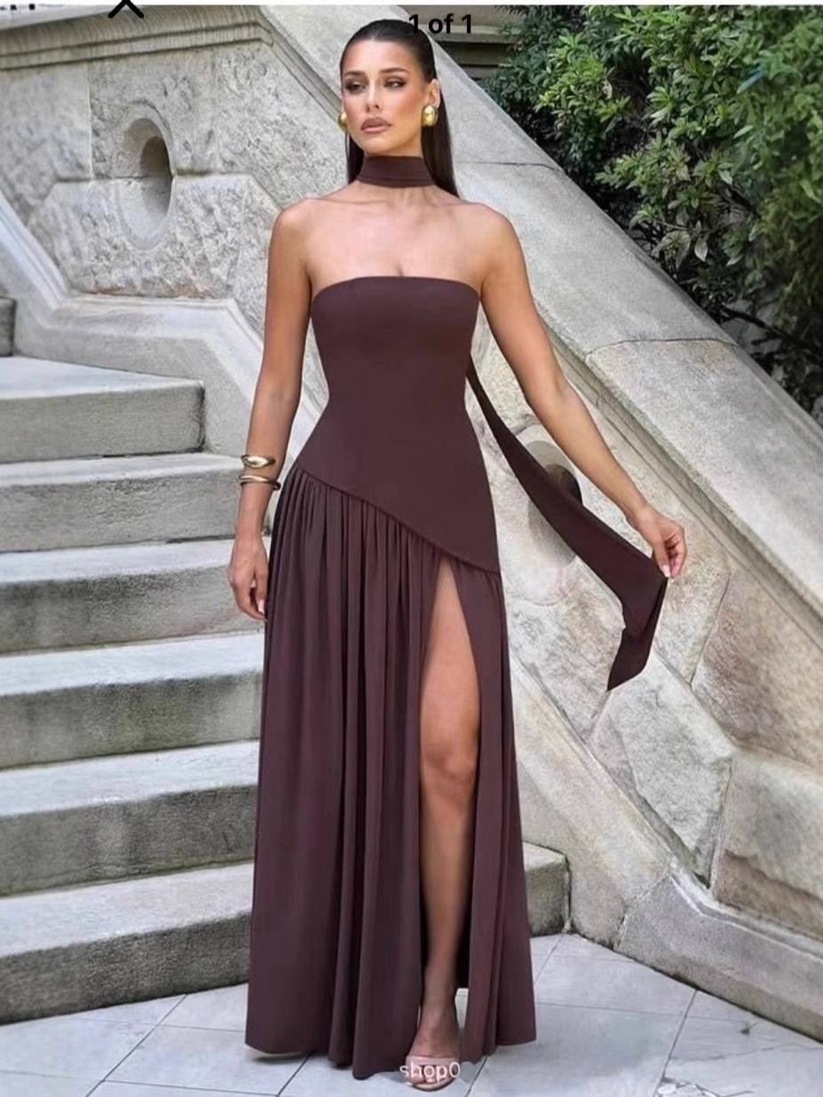 платье с высоким разрезом,elegant strapless bodycon high slit scarf party club evening dress,элегантное длинное платье,длинное платье с разрезом,длинное платье