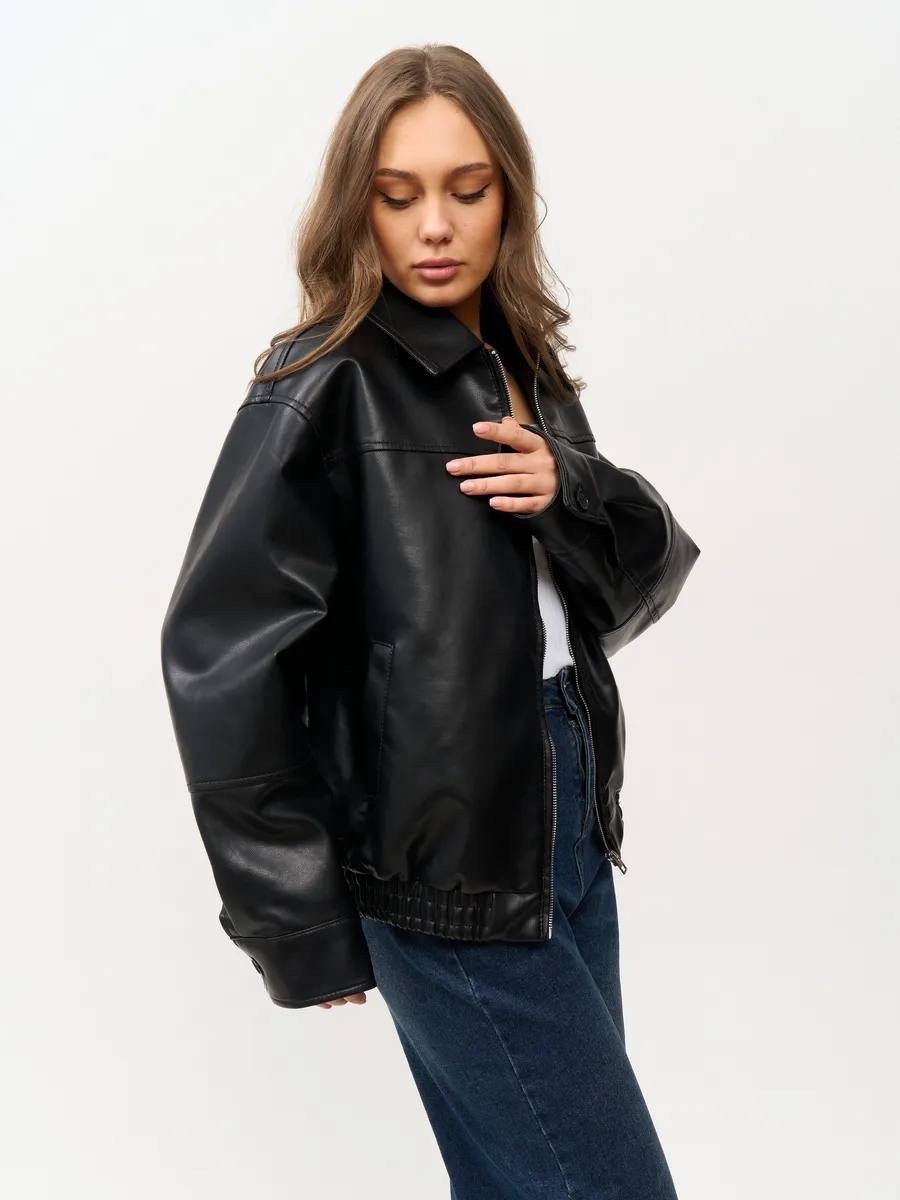 кожаная куртка женская nobrand ad166 черная 46-48 ru,кожаная куртка,кожаный бомбер оверсайз,кожаная куртка бомбер,куртка бомбер