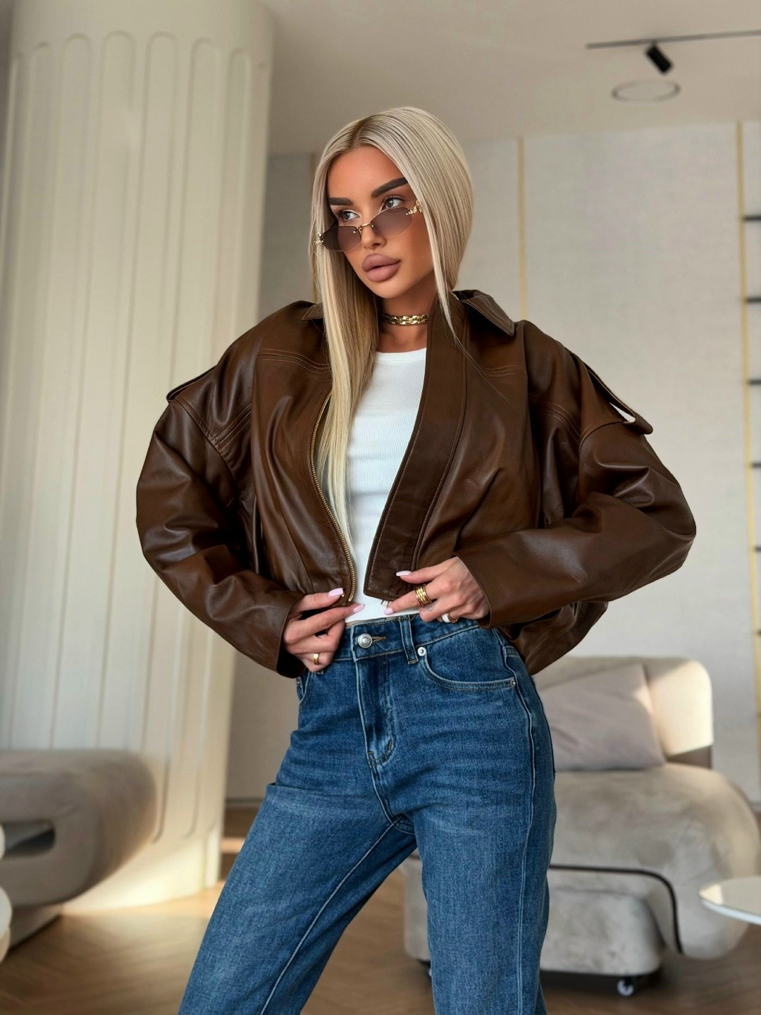 куртка бомбер из экокожи emberens,куртка бомбер оверсайз кожаная c&c fashion,куртка бомбер из экокожи emberens цвет коричневый,куртка бомбер,женская кожаная куртка