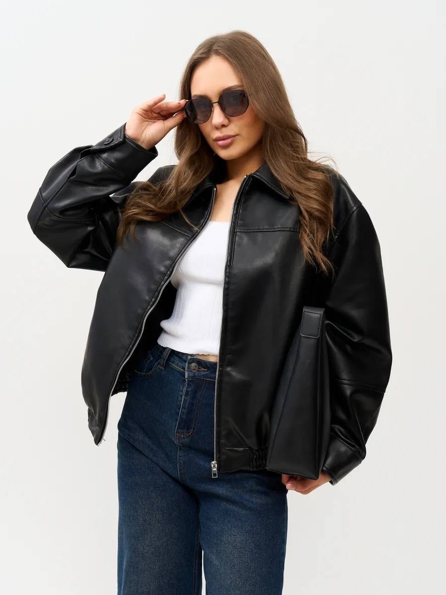 кожаная куртка женская nobrand ad166 черная 46-48 ru,кожаная куртка,кожаный бомбер оверсайз,кожаная куртка бомбер,куртка бомбер
