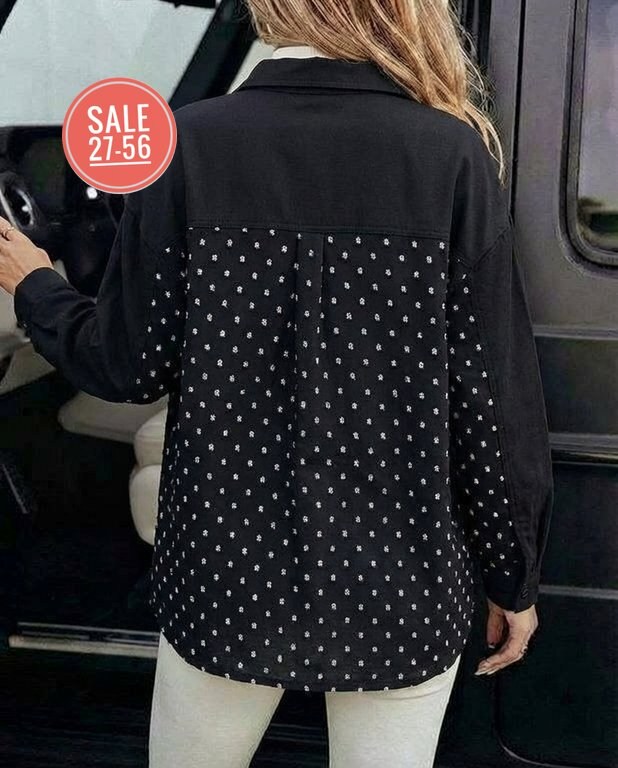 рубашка женская в горошек с отложным воротником и длинными рукавами,женская рубашка с длинными рукавами в горошек,женская блузка в мелкий горошек,женская блузка с принтом в горошек,повседневная шифоно