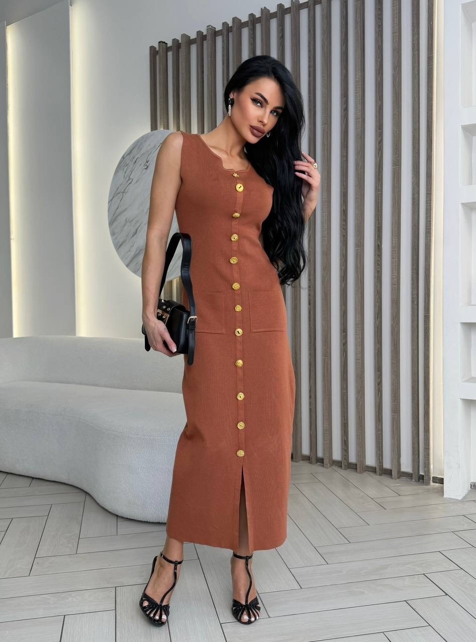 трикотажное платье,коричневое платье,платье с пуговицами,платья,вязаное платье