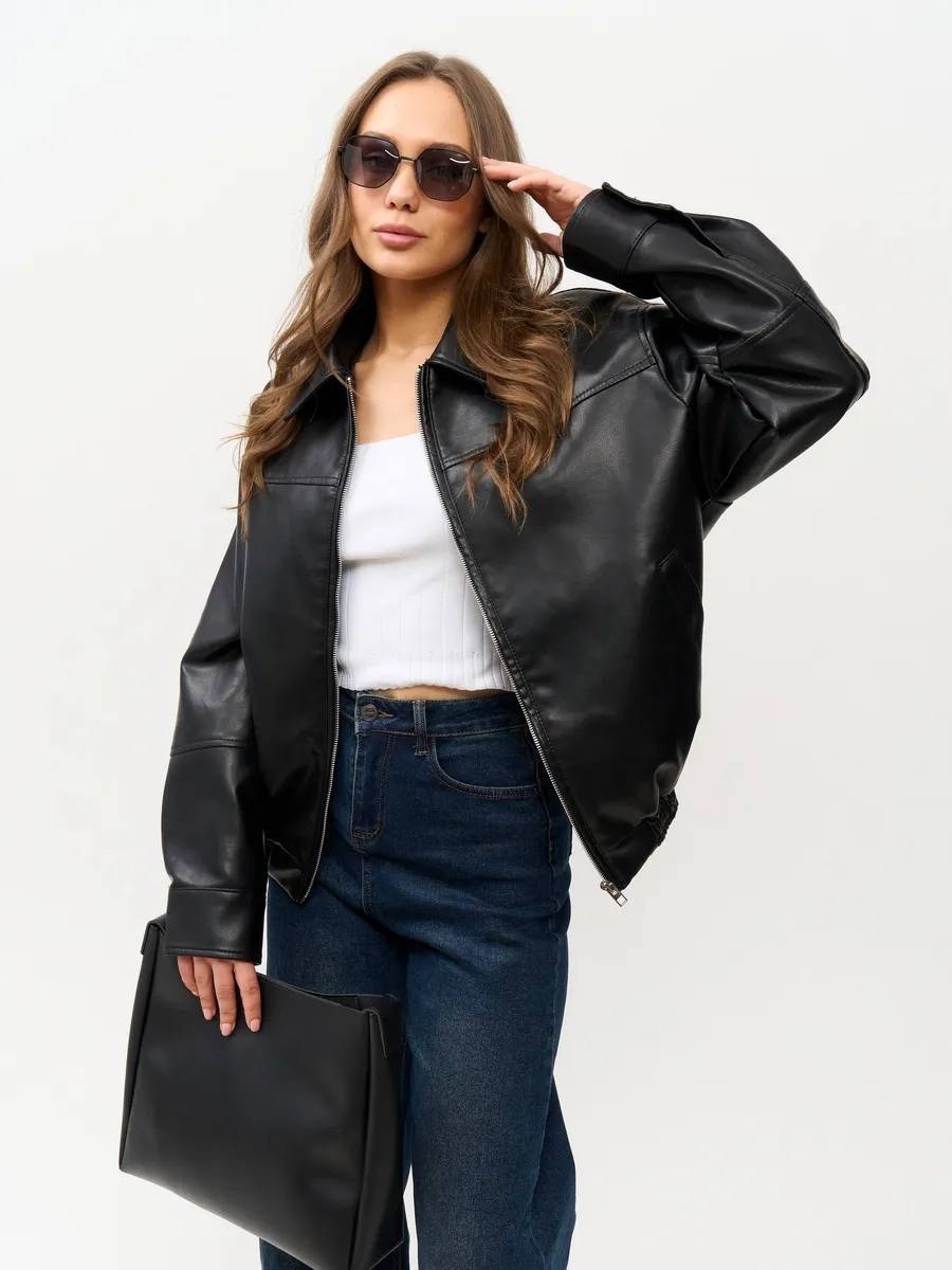 кожаная куртка женская nobrand ad166 черная 46-48 ru,кожаная куртка,кожаный бомбер оверсайз,кожаная куртка бомбер,куртка бомбер