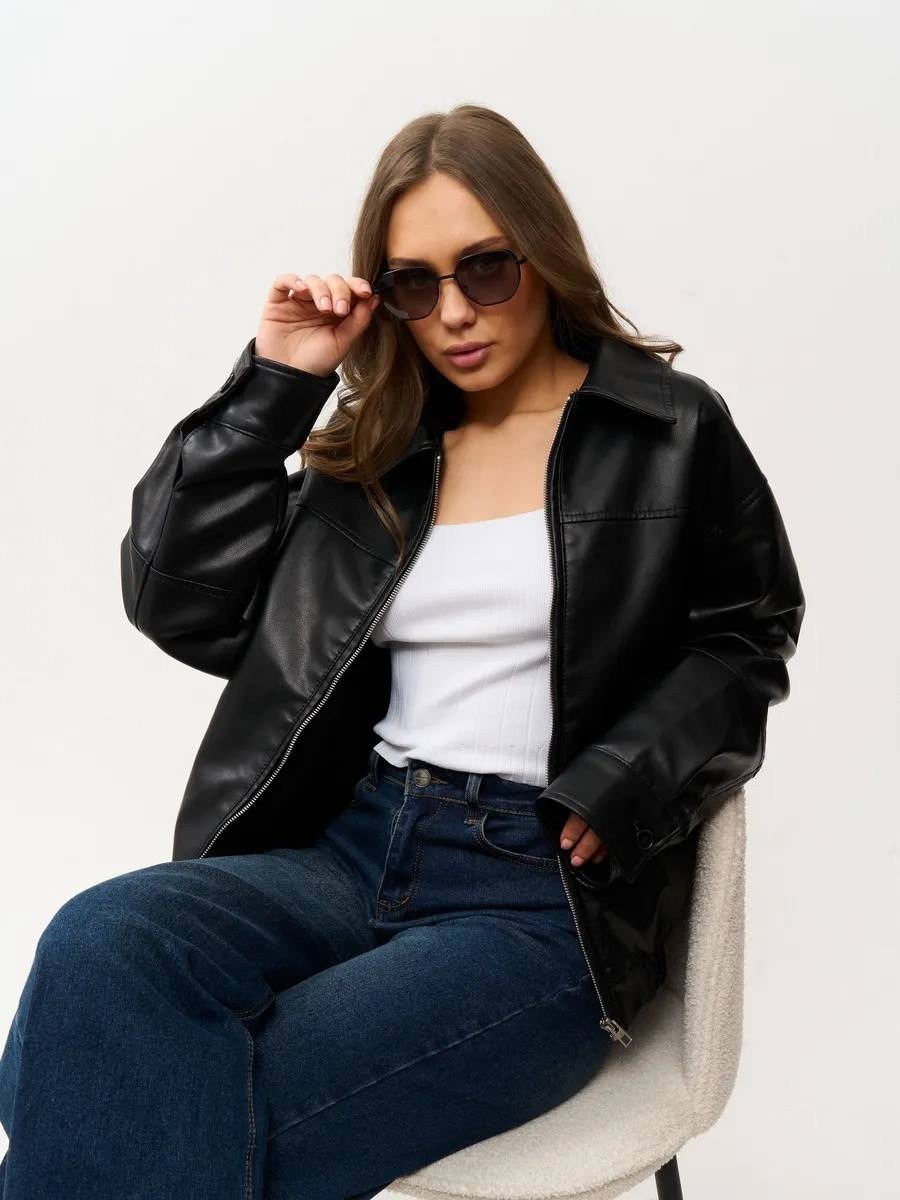 кожаная куртка женская nobrand ad166 черная 46-48 ru,кожаная куртка,кожаный бомбер оверсайз,кожаная куртка бомбер,куртка бомбер