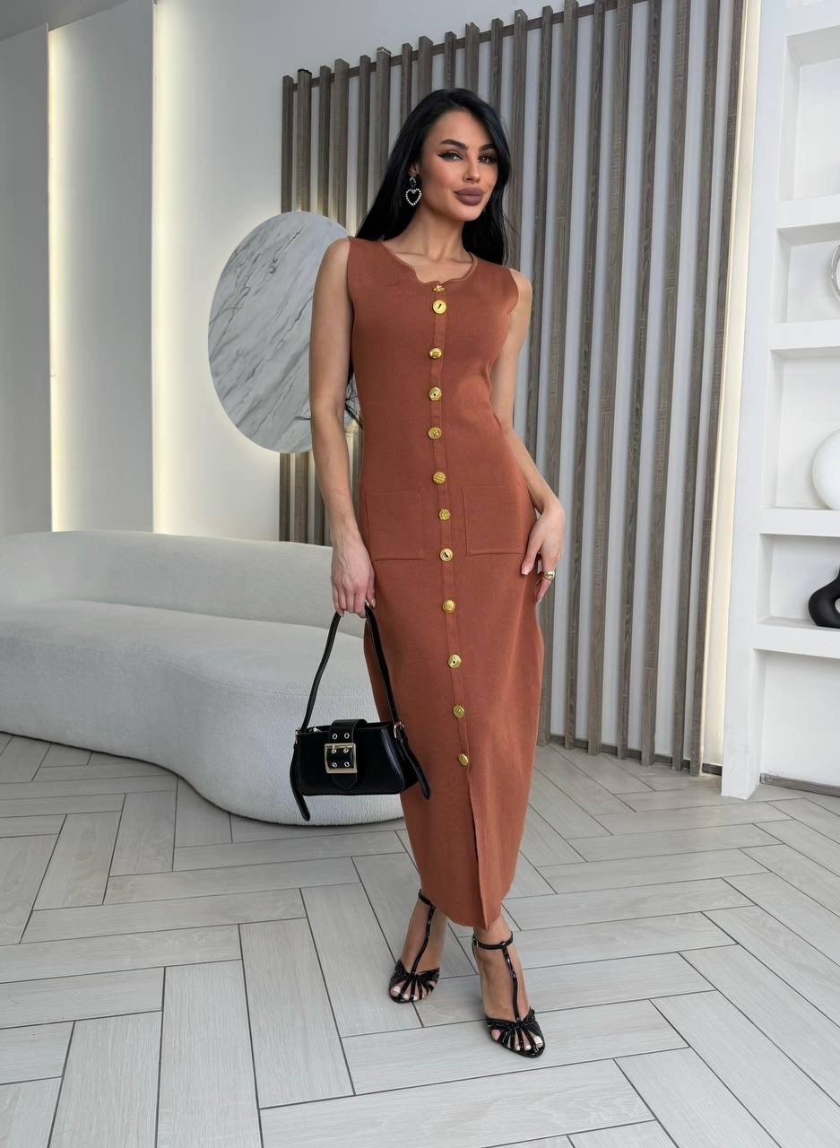 трикотажное платье,коричневое платье,платье с пуговицами,платья,вязаное платье