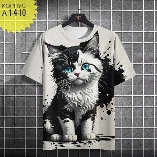 футболка с графическим принтом,мужская футболка с принтом,мужская футболка с рисунком,футболка с принтом милый кот,футболка с рисунком кот