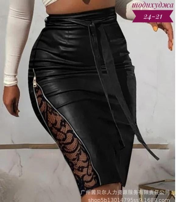 кожаная юбка с гипюром,кожаная юбка с кружевом,юбка кожаная с разрезом,юбка эко кожа,юбка кожаная