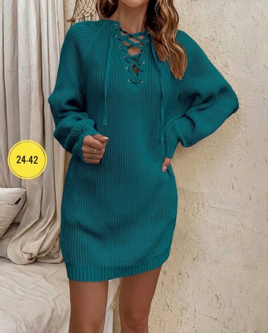женское вязаное платье с завязками,платье теплое вязаное,вязаное платье женское,вязаное платье свитер,женское вязаное свободное платье-свитер с v-образным вырезом на шнуровке