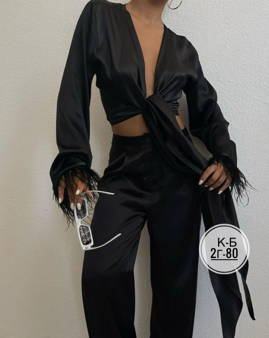 женский брючный костюм,женский костюм,брючный костюм с перьями,