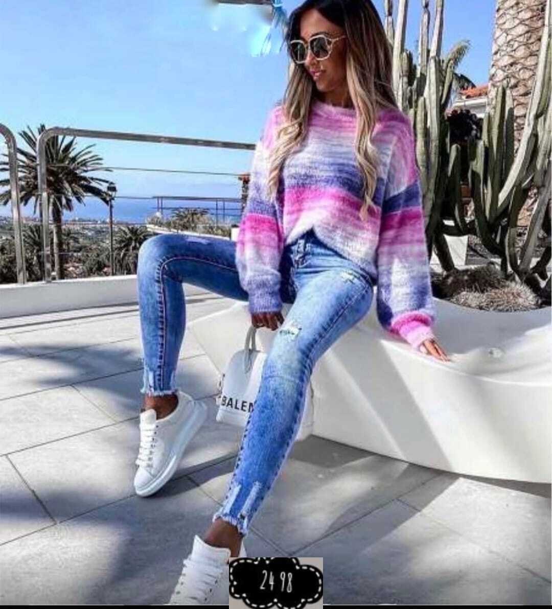 джинсы женские,градиентный свитер,модные вязаные кофты,одежда джинсы,джемпер женский
