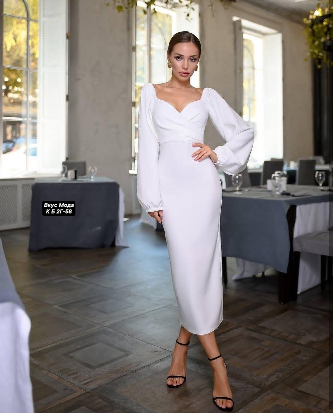 свадебное платье миди с рукавами,белое вечернее платье,белое платье в длине миди с объемными рукавами,белое платье длинное,белое стильное платье