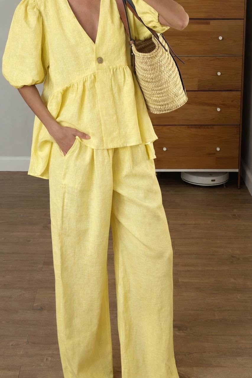 летние костюмы,летние костюмы женские,костюм желтый,костюм с брюками,льняной костюм