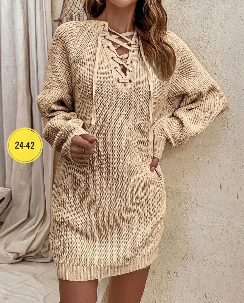 женское вязаное платье с завязками,платье теплое вязаное,вязаное платье женское,вязаное платье свитер,женское вязаное свободное платье-свитер с v-образным вырезом на шнуровке
