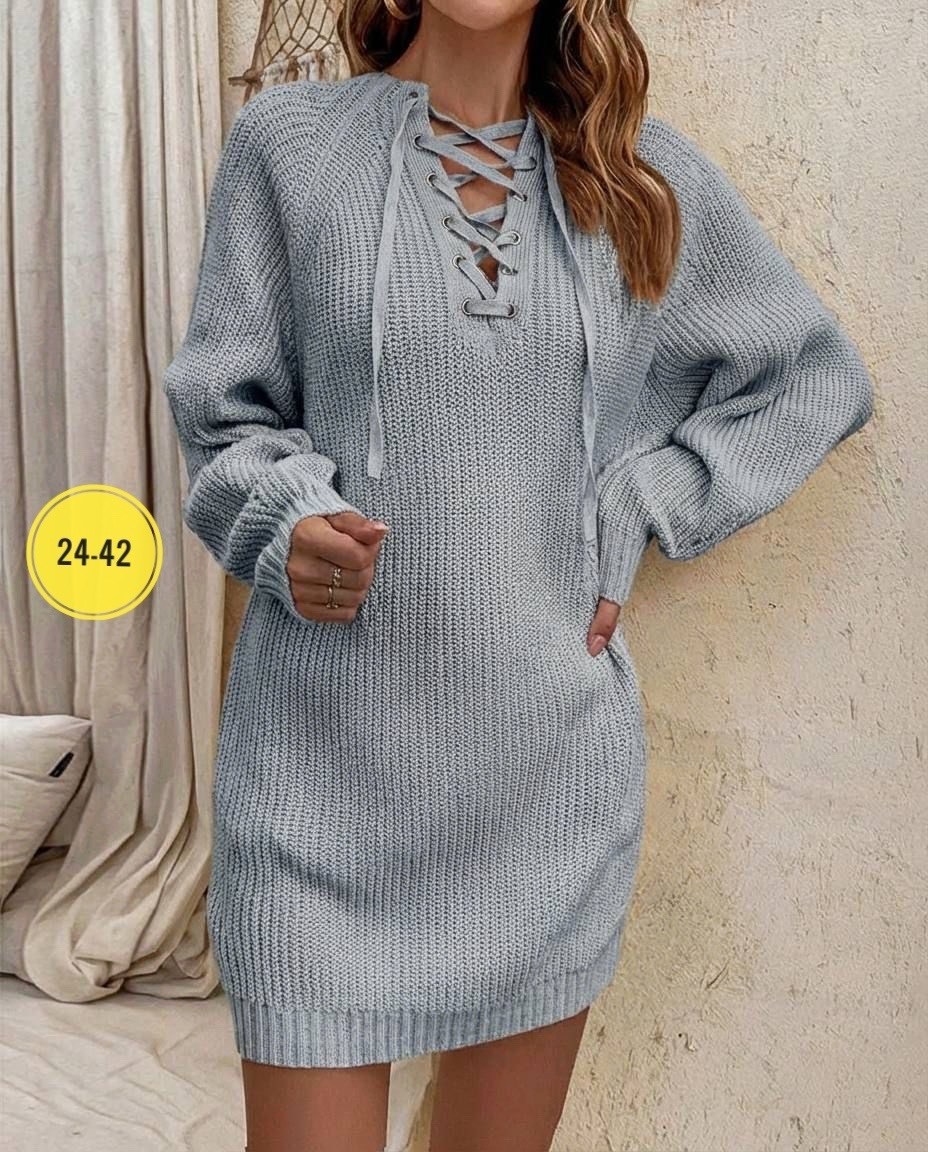 женское вязаное платье с завязками,платье теплое вязаное,вязаное платье женское,вязаное платье свитер,женское вязаное свободное платье-свитер с v-образным вырезом на шнуровке