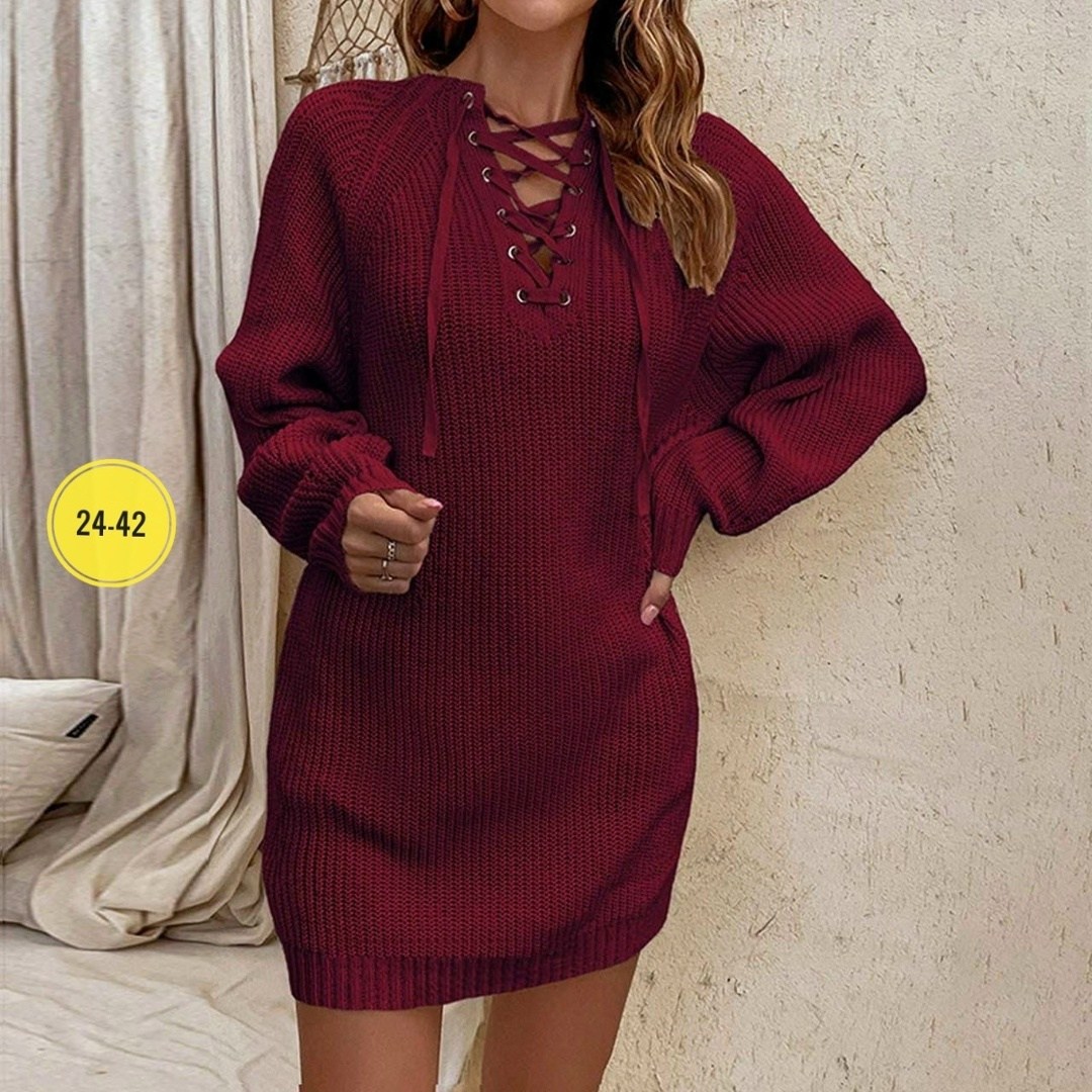 женское вязаное платье с завязками,платье теплое вязаное,вязаное платье женское,вязаное платье свитер,женское вязаное свободное платье-свитер с v-образным вырезом на шнуровке