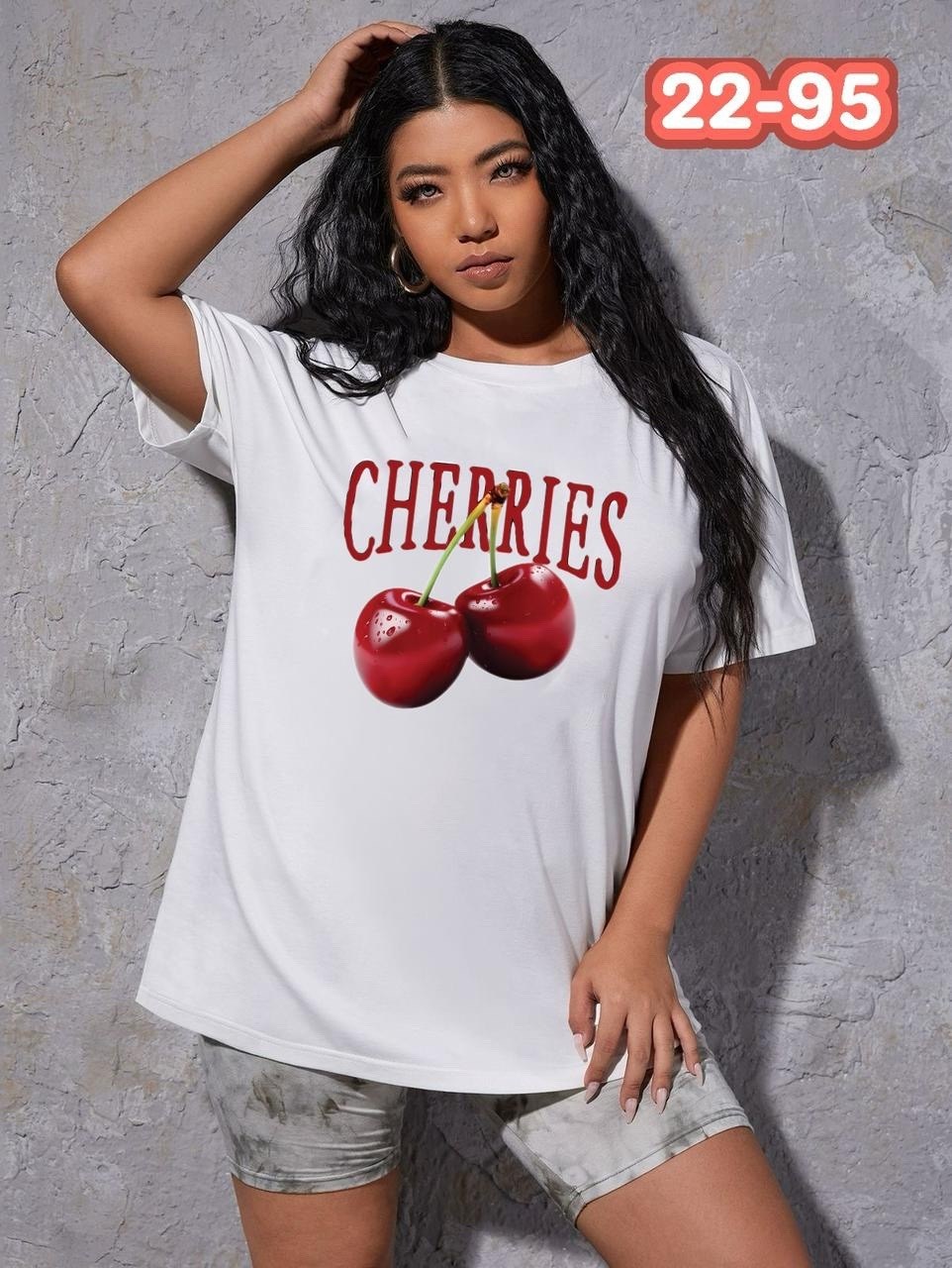футболка белая оверсайз,футболка белая оверсайз вишенки,футболка белая оверсайз вишенки romaxtex 437783110,футболки женская,футболки оверсайз с принтами