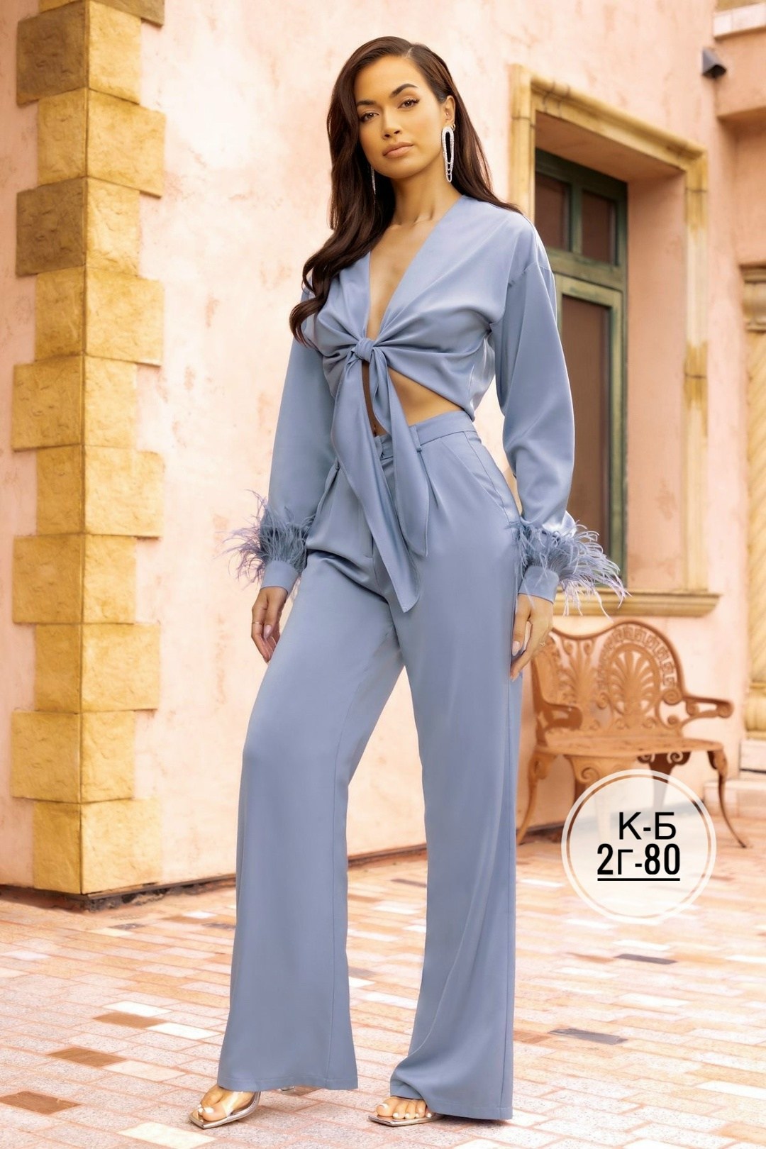 женский брючный костюм,женский костюм,брючный костюм с перьями,