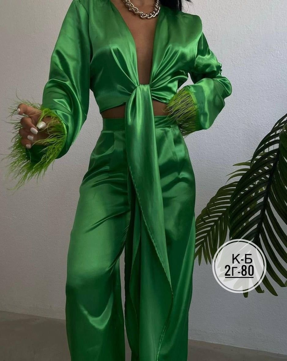 женский брючный костюм,женский костюм,брючный костюм с перьями,