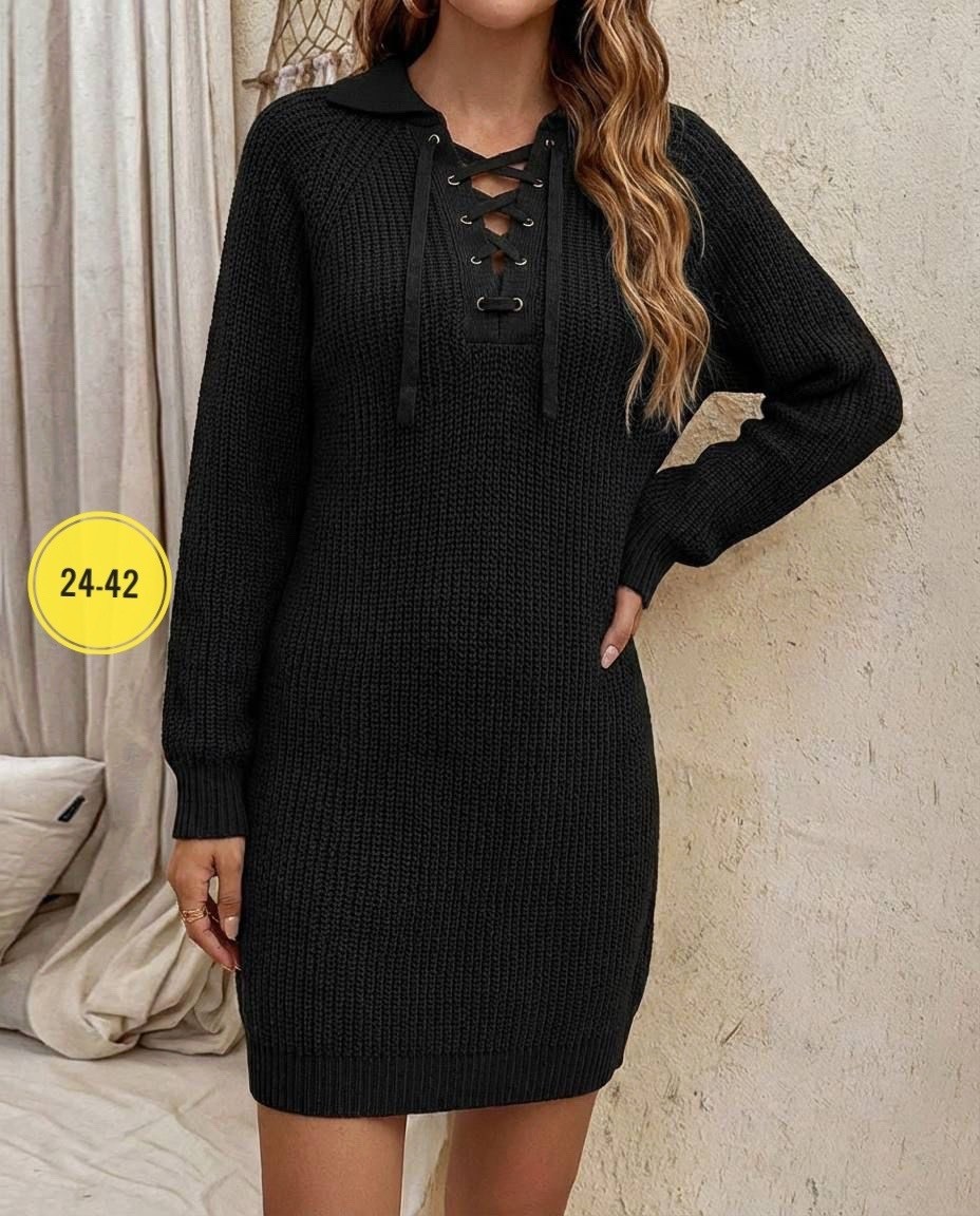 женское вязаное платье с завязками,платье теплое вязаное,вязаное платье женское,вязаное платье свитер,женское вязаное свободное платье-свитер с v-образным вырезом на шнуровке