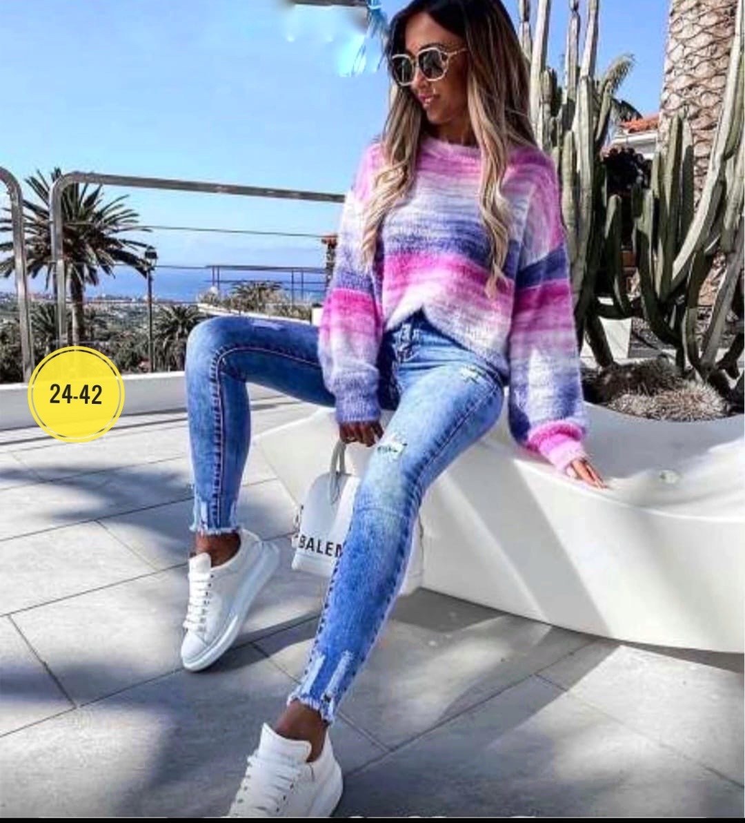 джинсы женские,модные вязаные кофты,градиентный свитер,джемпер женский,одежда джинсы