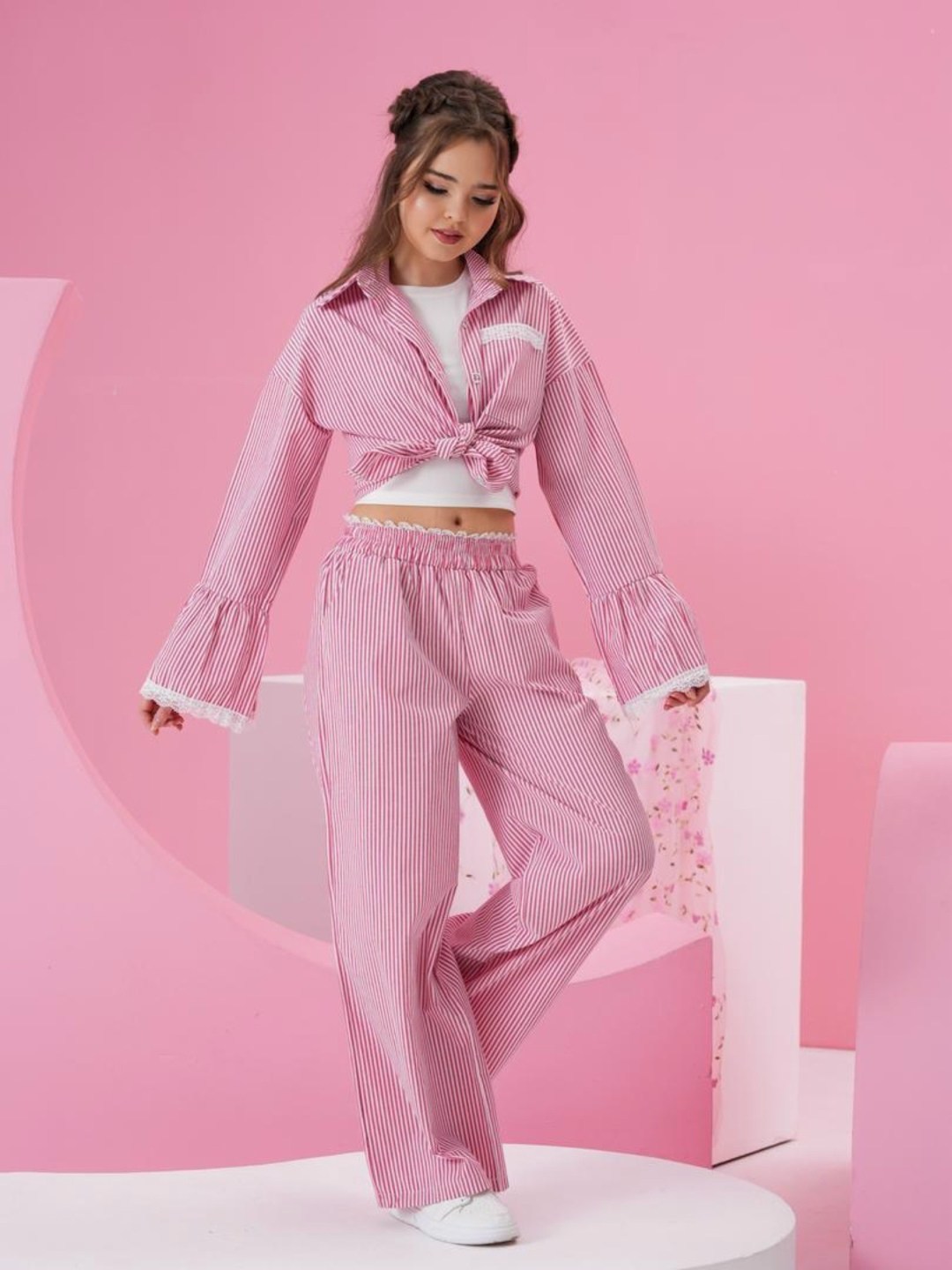 синие брюки с полосками и окантовкой the couture club,повседневный костюм,пижама женская,комплект брючный,пижама в полоску