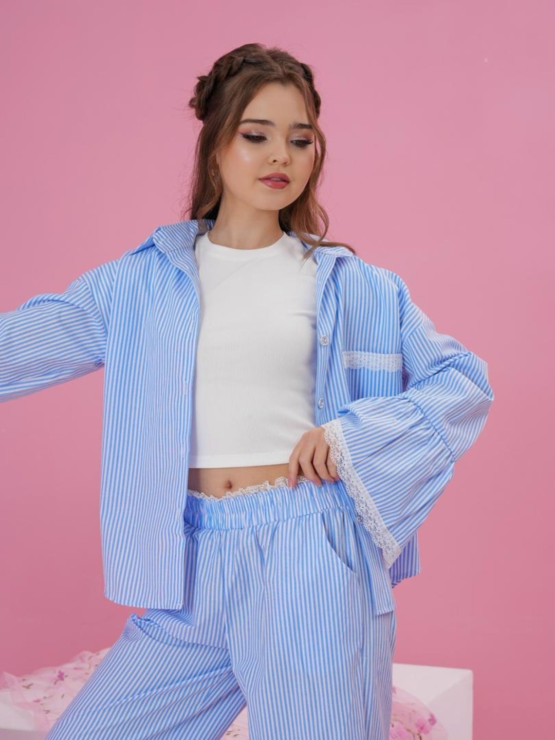 синие брюки с полосками и окантовкой the couture club,повседневный костюм,пижама женская,комплект брючный,пижама в полоску