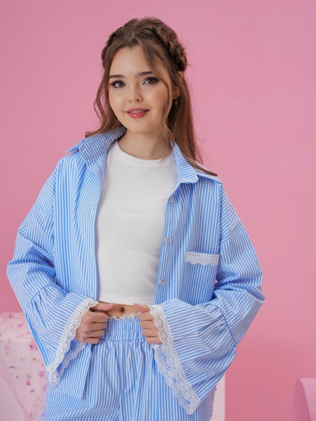 синие брюки с полосками и окантовкой the couture club,повседневный костюм,пижама женская,комплект брючный,пижама в полоску